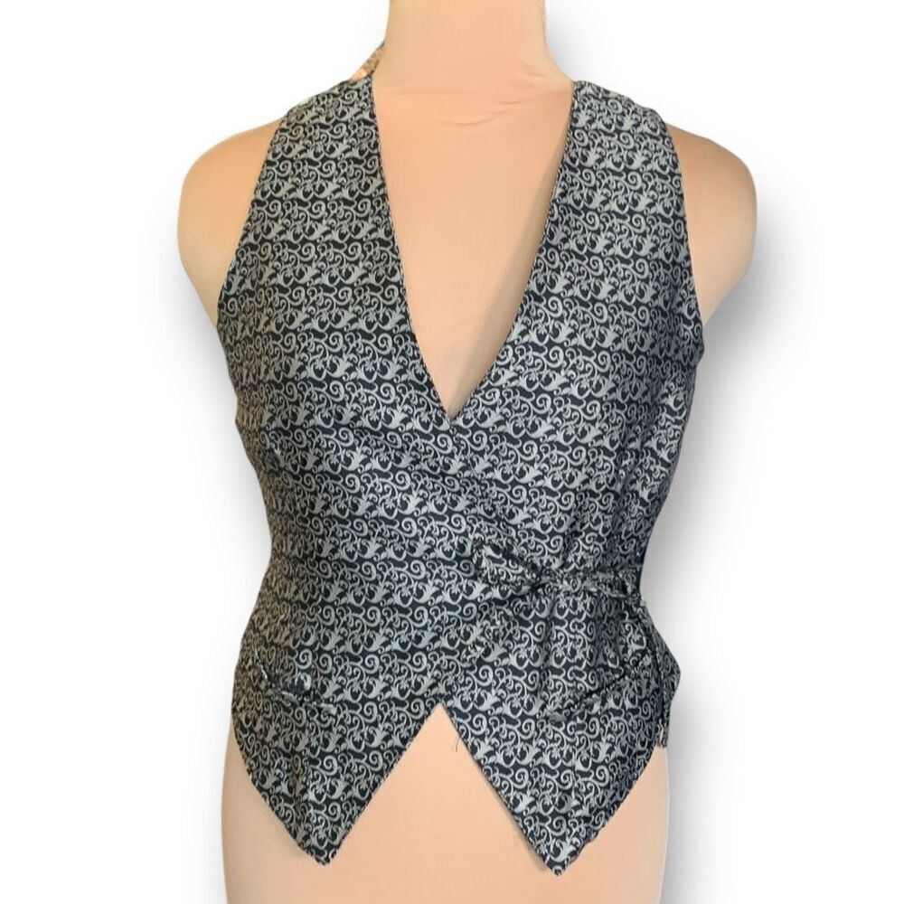 Vintage Gap Vest Wrap Tie Front Black Silver Abstract Brocade Vneck Waistcoat